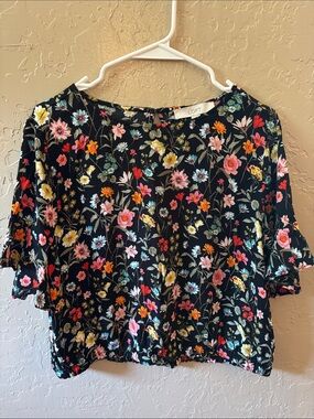 LOFT Black Floral Short Sleeve Blouse with Multicolor Blossoms